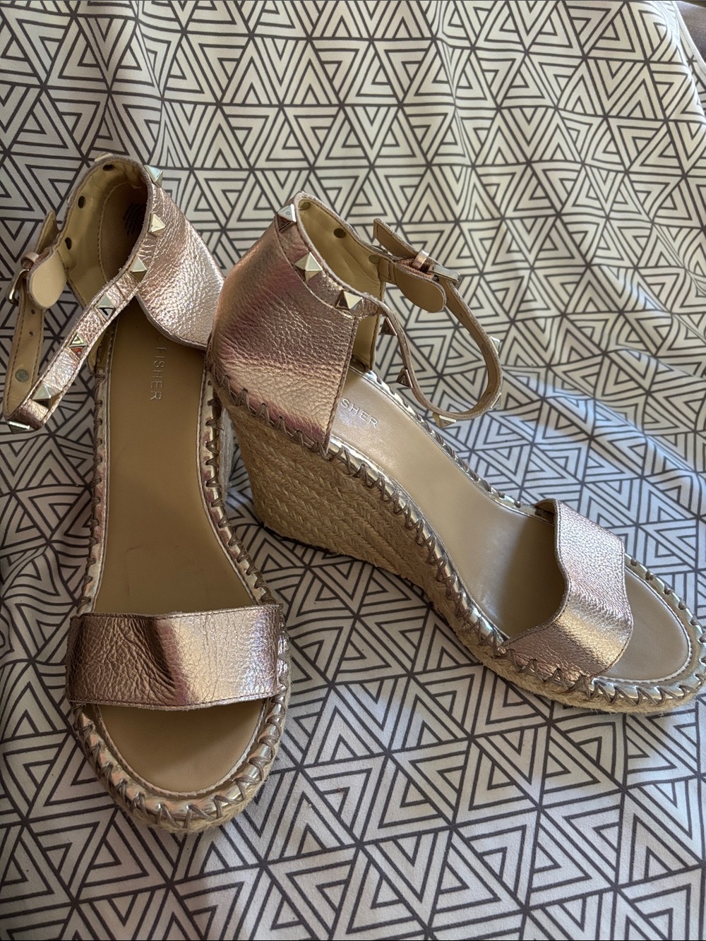 Marc Fisher Metallic Rose Gold Espadrille Wedge Sandals with Ankle Strap